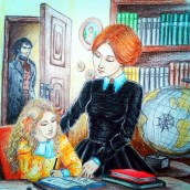 JANE EYRE DEPICTION WITH MR. ROCHESTER IN THE BACKGROUND